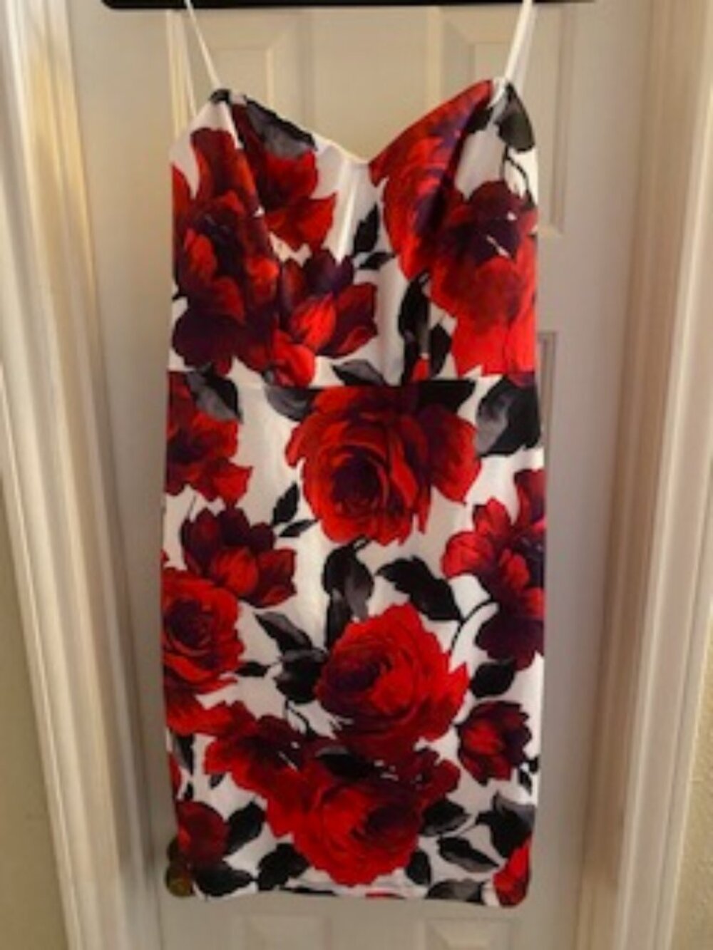 Red Rose Print Strapless Bodycon Mini Dress